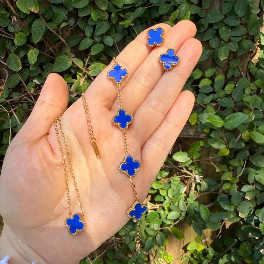 Gold-Tone Blue Clover Pendant Necklace and Bracelet Set - Picture 2 of 2
